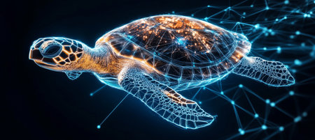 Holographic Turtle Navigating a Digital Network, Symbolizing the Fusion of Technology and Natureの素材