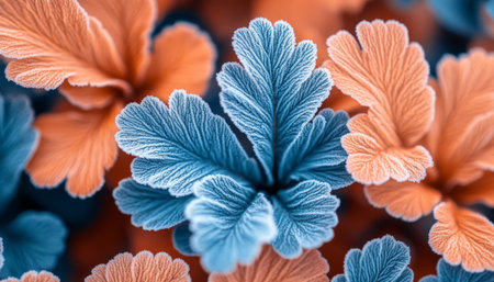 Close-Up of Vibrant Orange and Blue Leaves with Frosted Edges, Shallow Depth of Fieldの素材