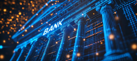 Virtual Finance 3D Rendering of a Blue Neon Bank Building Outline on a Data Stream Backgroundの素材