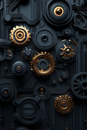 Intricate Gold Gears on Black A Metallic Symphony of Engineering Precision design Backgroundの素材