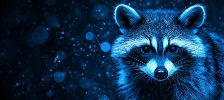Holographic Raccoon on Abstract Blue Bokeh Background Cyberpunk and Technology Conceptの素材