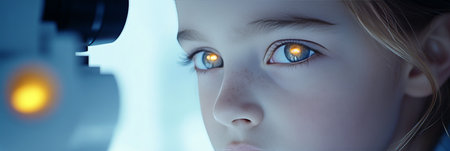 Young Girl Undergoing Eye Exam, Close-Up View of Eye Exam, Child s Health and Vision Careの素材