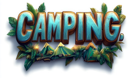 Camping Word Art with Lush Foliage, Mountains, and Illuminated Tents on White Background.の素材