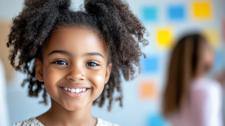 Portrait of a Happy, Smiling Young Girl, Big Hair, Elementary Age, Diversity, Indoors Headshotの素材