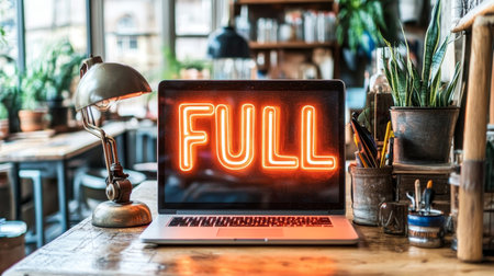 Laptop With Neon Sign Saying FULL on Screen, Placed on Wooden Table in Stylish Interiorの素材
