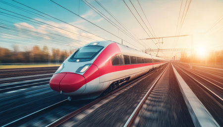 Modern high-speed red and white train in motion, creating a blur against a scenic sunset backdrop.の素材