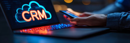 Businessman Accessing Cloud-Based CRM System on Mobile Device, Glowing Icon on Laptop Screenの素材