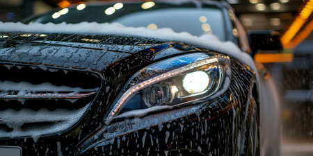 Luxury Black Car Covered in Foam During Professional Wash, Emphasizing Premium Auto Detailingの素材