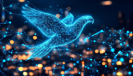 Holographic Bird, Symbolizing Peace and Technology, Soars Over a Futuristic Cityscape.の素材