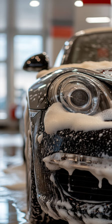 Close-up of a Headlight on a Black Car Covered in Thick Cleansing Foam at a Professional Carwashの素材