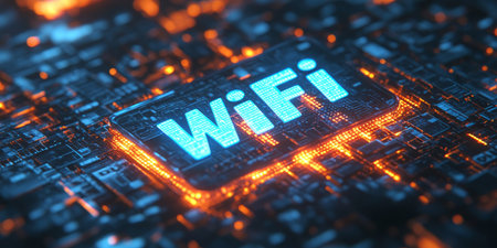 Shining Blue Wifi Logo On An Electronic Circuit Board Representing Internet Connectivity.の素材
