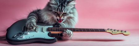Guitar Hero Energetic Siberian Cat Strums Electric Guitar on a Pink Background, Studio Shotの素材