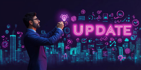 Businessman Updating Software in a Futuristic Cityscape, Illuminated by UPDATE Signの素材