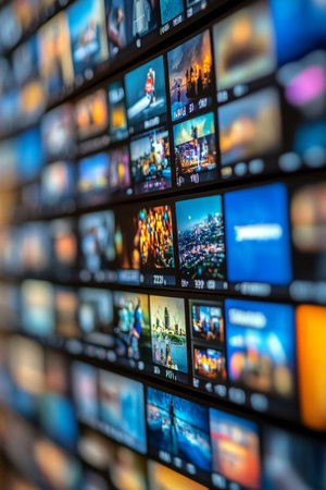 Digital Entertainment Wall Streaming Media Displaying Movies and Shows in a Grid Patternの素材
