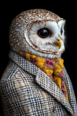 Barn Owl in Tweed Suit and Yellow Scarf, Elegant Anthropomorphic Portrait, Dark Backgroundの素材
