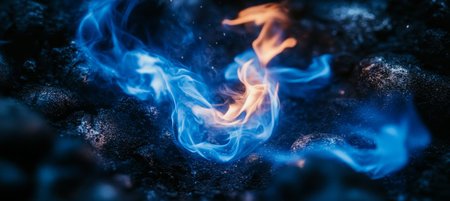 Vivid Blue Flames Dance Against Dark Background With Orange Accents and Abstract Textured Surfaceの素材