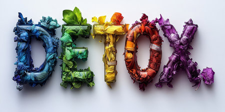 Vibrant Detox Word Art Cleansing Herbs, Flowers, and Bright Colors on White Backgroundの素材