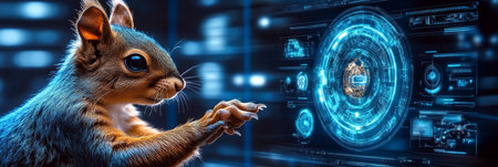 Curious Squirrel Interacting with Futuristic Digital Interface and Holographic Data Displayの素材