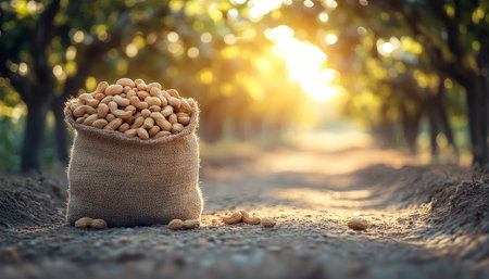Sack Filled With Organic Cashew Nuts On Path In Cashew Orchard, Sunset Background With Copy Spaceの素材