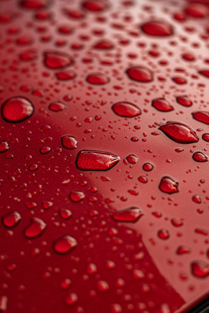 Water Droplets Beading on a Glossy Red Metallic Surface, Showcasing the Hydrophobic Effectの素材