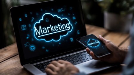 Businessman Utilizing Cloud Marketing Software On Mobile Device, Marketing Text In Cloud Symbolの素材