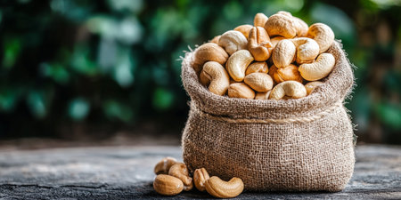 Abundant Organic Cashews Overflowing From Rustic Burlap Sack on Weathered Wooden Surfaceの素材