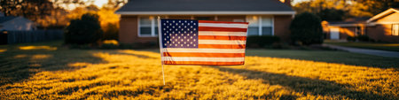 American Flag Waving Gently in the Golden Sunlight of a Suburban Home with Lush Green Lawnの素材