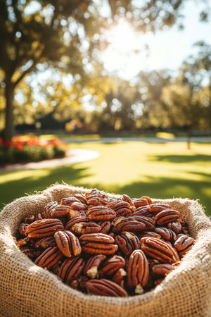 Fresh Harvest Pecan Nuts in Burlap Sack, Orchard Background, Copy Space, Autumn Sunlightの素材
