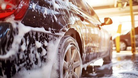 Shiny black car covered by active foam getting thorough wash at premium self carwash station.の素材