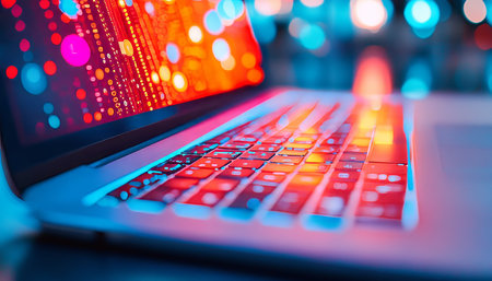 Neon Laptop keyboard with abstract colorful network nodes reflection. Vaporwave aesthetic.の素材