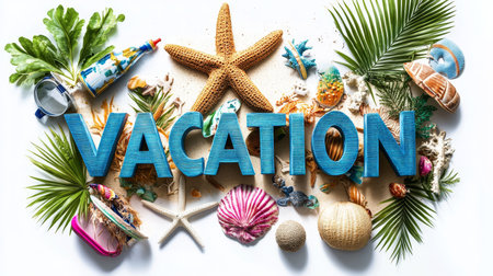 Vibrant Vacation Word Art, Overhead View of Beach Items on White Background for Summer Travelの素材