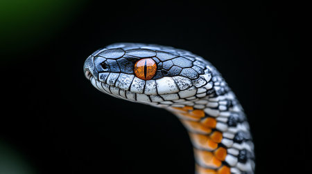 Close-Up Profile of a Striking Black, White, and Orange Snake Against a Dark Backgroundの素材