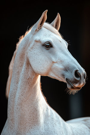 Portrait of a Majestic White Horse Flowing Mane, Elegant Pose, on Isolated Black Backgroundの素材