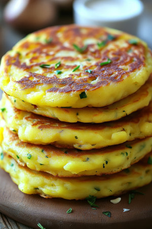 Stack of Golden, Crispy Potato Pancakes with Fresh Herbs, Served on a Rustic Wooden Board.の素材
