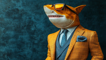 Sophisticated Shark in a Suit with Sunglasses, Profile View Against a Textured Dark Backgroundの素材