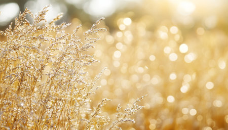 Golden Hour Meadow Vibrant Sunlit Grasses With Shallow Depth Of Field And Dreamy Bokeh Backgroundの素材