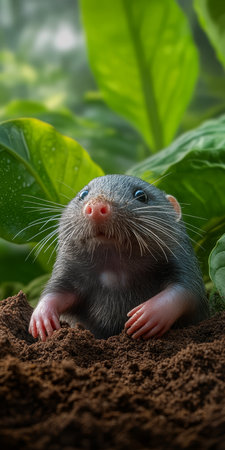 Adorable Little Mole Emerging from Its Cozy Burrow, Wildlife Portrait with Green Foliageの素材