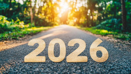 Road to 2026 Open Asphalt Path Leading to a Bright Future in a Forest Setting at Sunsetの素材