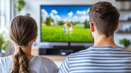 Family Movie Time Couple Enjoys Animated Film on TV, Streaming Entertainment at Homeの素材