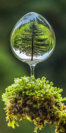 Upside-Down World A Coniferous Forest Reflected in a Single Dewdrop on Vibrant Green Mossの素材