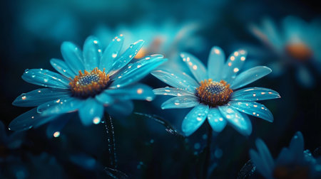 Blue Daisies. Close-Up of Dewy Wildflower Petals with Shimmering Water Droplets After Rainの素材