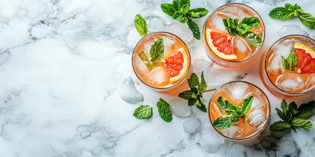 Refreshing Summer Cocktails with Grapefruit, Mint, and Ice on White Marble Background, Top Viewの素材