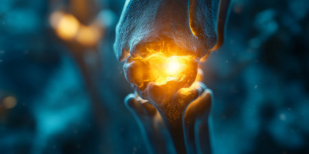 Inflamed Human Knee Joint, Anatomical Close-Up with Highlighted Bone Structure on Blue Backgroundの素材