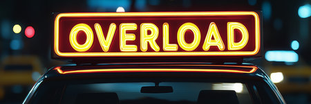 Taxi Cab Roof Sign In A City With Neon Overload Sign At Night. Concept Of City Stress And Anxietyの素材