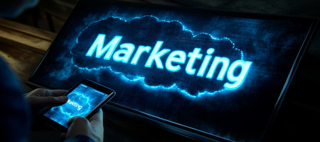 Businessman Browsing a Mobile Device, with a Glowing Marketing Inscription Displayed on a Monitorの素材