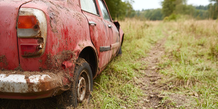 Wrecked red car abandoned overgrown field, a symbol of decay forgotten automotive historyの素材