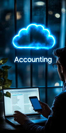 Businessman Using Mobile Device for Cloud Accounting, Working Late in Office with City Viewの素材