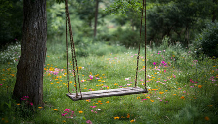 Empty Swing Set Against a Tree in a Meadow of Flowers, Evocative of a Tranquil Summerの素材