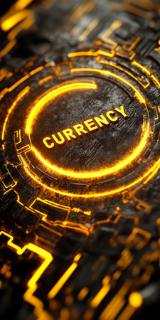 Glowing Currency Text Inside Futuristic, Golden, Circular Device on Technology Backgroundの素材