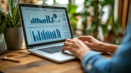 Businesswoman Analyzing Charts And Graphs On Laptop Remote Work, Freelance, Data Driven Decisionsの素材